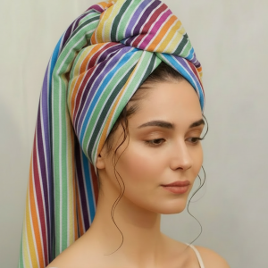 حوله سر/ باشگاه /حوله نوزاد و کودک/ تمام نخ یزدی/(مدل رنگین کمان) + 🎁 هدیه اسکرانچی ست